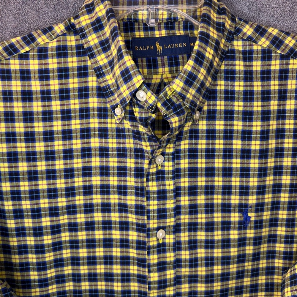 Ralph Lauren Men's Medium Plaid Long Sleeve Button Down Shirt Yellow Blue Black
